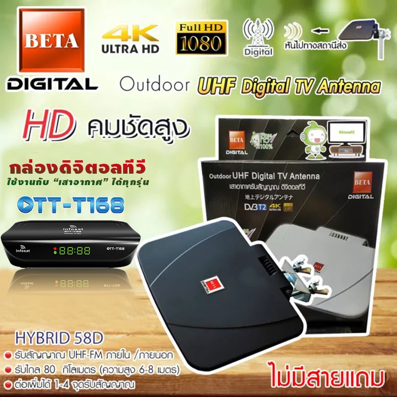 กล่องดิจิตอลทีวี Infosat รุ่น OTT-168 + BETA outdoor-indoor เสาทีวีดิจิตอล Hybrid-58D ไม่ใช้ไฟเลี้ยง (ไม่มีสายแถม)