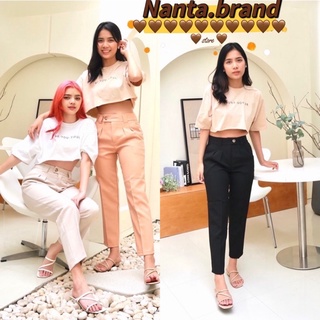 Nanta.brand Brownie plant กางเกงขายาวทรงกระบอกเล็ก ขอบยื่น กระดุม