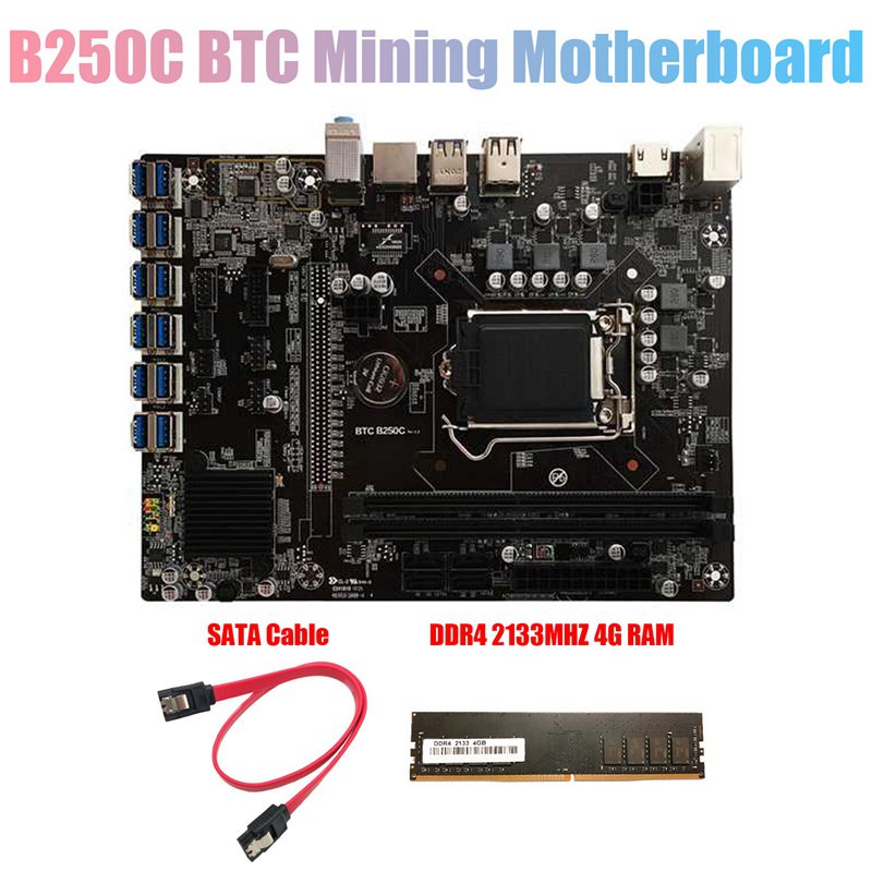 B250C BTC Mining Motherboard with DDR4 4G 2133MHZ RAM+SATA Cable 12XPCIE to USB3.0 Card Slot LGA1151 for BTC Miner RRB8