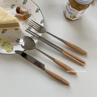 ช้อนไม้ ส้อมไม้ ตะเกียบไม้ มีดไม้ ด้ามไม้ทรงกระบอกมีดตะเกียบช้อนส้อมชุดช้อนส้อมมีดสเตนเลสย้อนยุค พร้อมส่งจากไทย