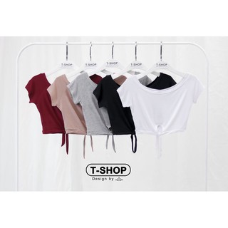 เสื้อครอปคอกว้างผูกหน้า ผ้าเรย่อนเกรดเอ แบรนด์ T-shop