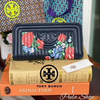 🔥SALE🔥 กระเป๋าสตางค์ผู้หญิง 💕 Tory Burch Fleming Soft Printed Zip CONTINENTAL Wallet Navy Tea Rose