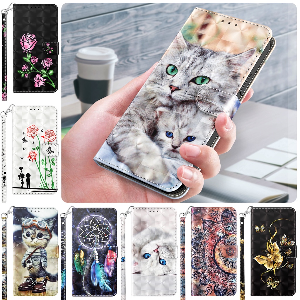 เคสโทรศัพท์หนัง ฝาพับ ลายเพ้นท์ 3D พร้อมช่องใส่บัตร สําหรับ Samsung Galaxy A12 A22 5G A51 A71 4G A21