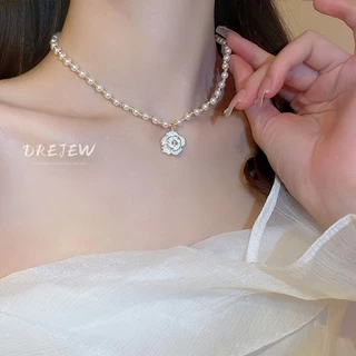 DREJEW สร้อยคอโซ่ทอง 18K จี้ไข่มุก ดอกไม้ ประดับเพชร สไตล์ฝรั่งเศส หรูหรา