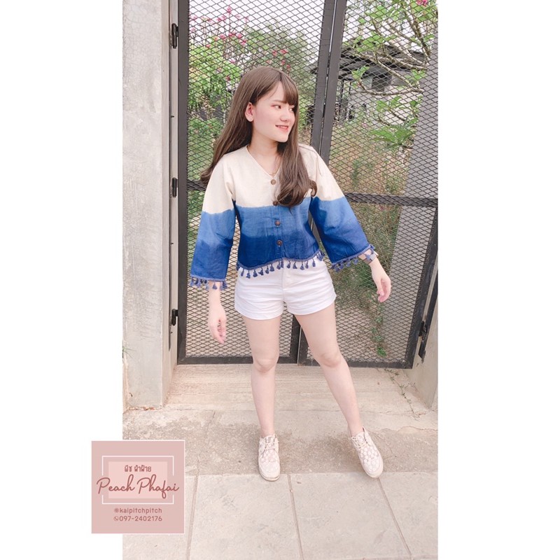 เสื้อตุ้งติ้ง เนื้อผ้าฝ้ายย้อมครามแขนยาวไล่สี