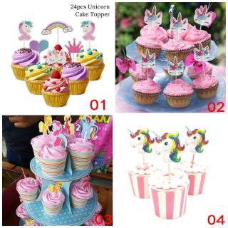 อุปกรณ์ตกแต่งเค้ก ลายยูนิคอร์น สีรุ้ง 24 ชิ้น