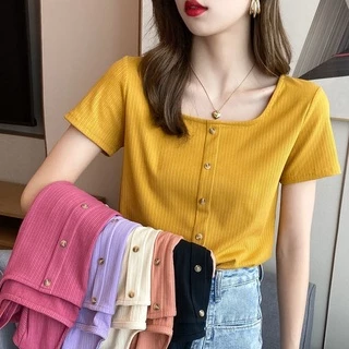 Korean version of the new lady retro French T-shirt square collar short sleeves