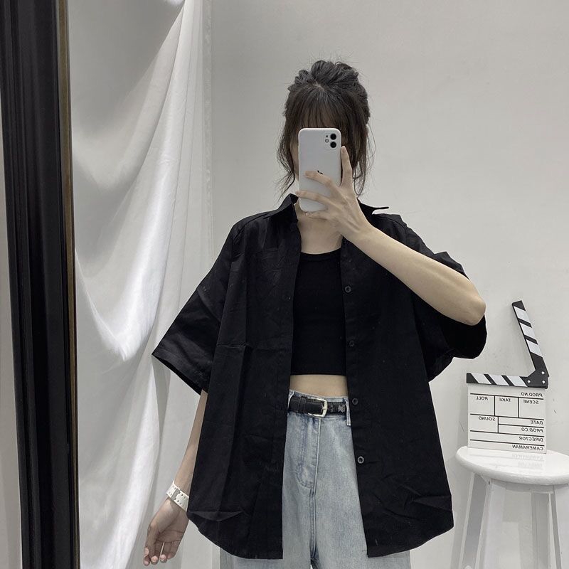 เสื้อเชิ้ตแขนสั้น อเนกประสงค์ สีพื้น สไตล์เกาหลี ฮ่องกง แฟชั่นฤดูร้อน