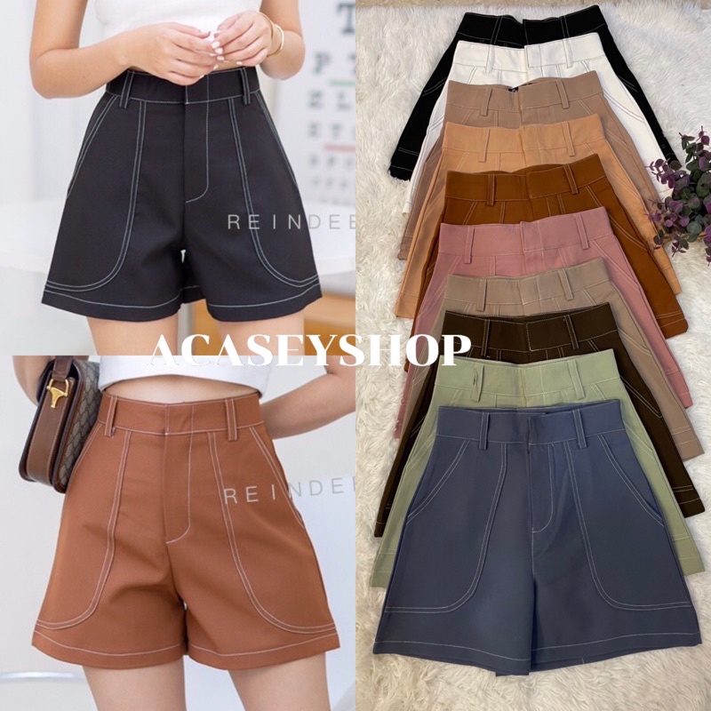 Acasey กางเกงขาสั้นผู้หญิง เอวสูงปรี๊ด แต่งสีด้ายทูโทน ทรงสุภาพเรียบหรู Hot