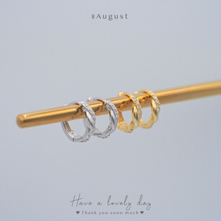 8August ต่างหูเงินแท้ ต่างหูห่วง ฝังเพชร แบบเกลียวเชือก 8mm Twine Hoop Earrings S925 (A18)