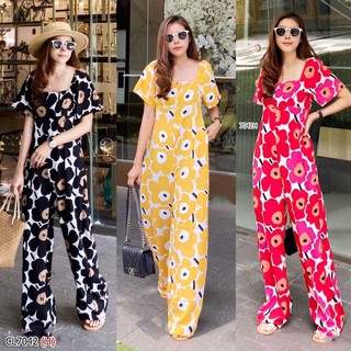 Jumpsuit จั๊มสูทลายดอกขายาว เนื้อผ้า100D เนื้อผ้าไม่หนาใส่สบาย มีกระเป๋าสองข้าง ซิปหลังด้วยจ้า ลายนี้น่ารักมากกก