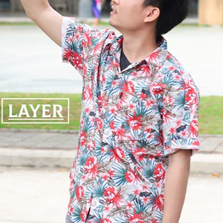 Layer Shirt เสื้อเชิ้ตเเขนสั้น ลายดอกแดง