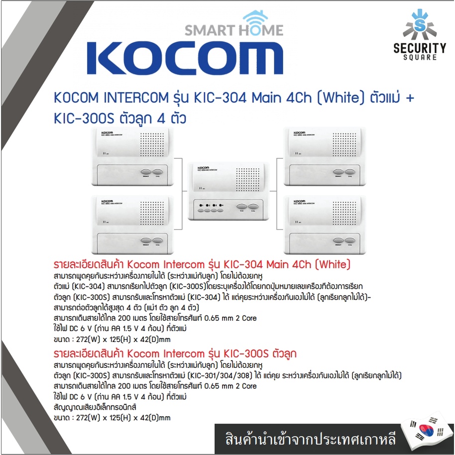 KOCOM INTERCOM รุ่น KIC-304 Main 4Ch (White) ตัวแม่ + KIC-300S ตัวลูก 4 ตัว