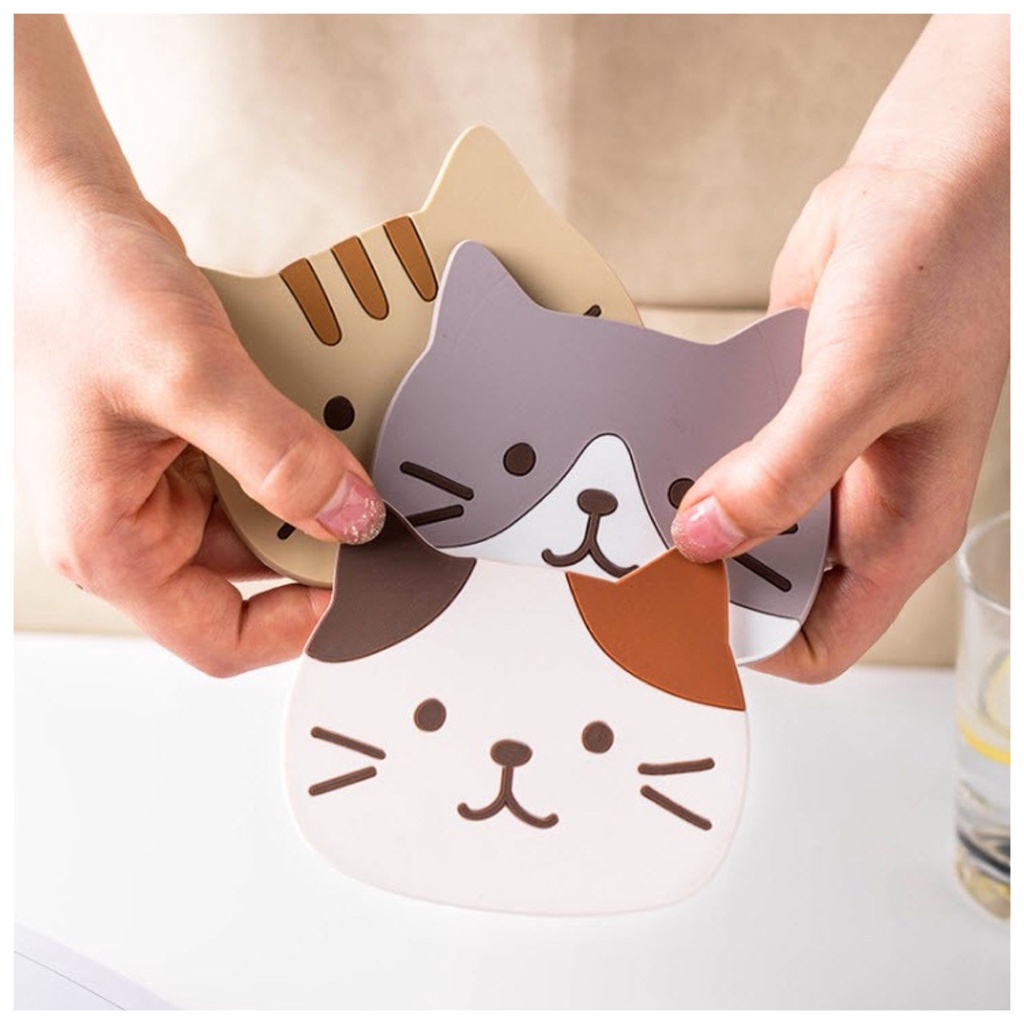 ที่รองแก้ว แมวเหมียว แผ่นรองแก้ว ทาสแมว ซิลิโคน รุ่นหนา Limited ลายน่ารัก 3D กันน้ำ แข็งแรงทนทาน แห้งแร็ว