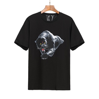 ผ้าฝ้าย 100%พร้อมส่ง Vlone เสื้อยืดคอกลมแขนสั้นผ้าฝ้ายสีดําพิมพ์ลาย PantherS-3XL