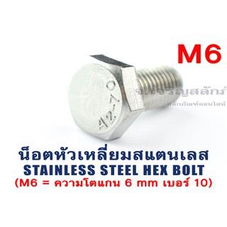 น็อตหัวเหลี่ยมสแตนเลส Stainless Steel Hex Bolt M6 ยาว 10 12 15 20 25 30 35 40 45 50 55 60 65 70 (น็อตเบอร์ 10)(แพ็คละ 5)