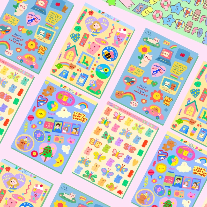 (พร้อมส่ง) สติกเกอร์PP soqstuff stickers ขนาด A6 สติกเกอร์ลายผู้หญิง หมี แมว ผีเสื้อ