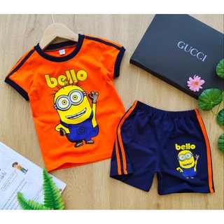 ❁┇[BeautieItem] เสื้อผ้าเด็ก ชุดเด็ก เสื้อยืดแขนสั้น สกรีนลายข้างหน้า ลายการ์ตูน มินเนี่ยน (สีส้ม-กรม) + กางเกงขาสั้น ผ้