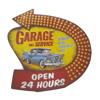 ป้ายสังกะสีวินเทจ Garage Full Service Open 24 Hrs (ปั๊มนูน)