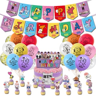 ชุดลูกโป่งแบนเนอร์ ลาย BTS BT21 Happy Birthday สําหรับตกแต่งเค้ก