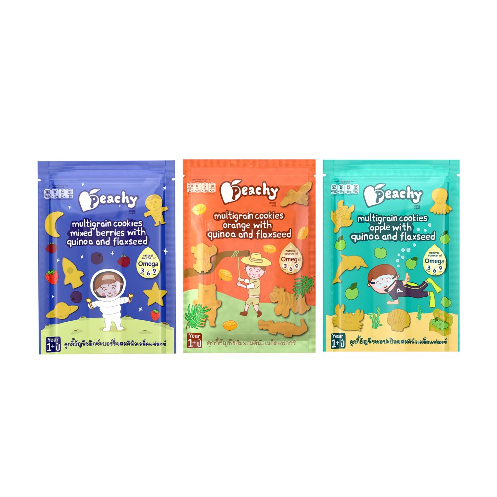 Peachy คุกกี้ธัญพืชแพ๊ค 3 ถุง เบอร์รี่,แอปเปิ้ล,ส้ม (R17,R18,R27)