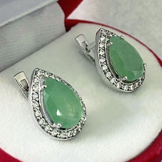 Q6412 ต่างหูพลอยอเวนเจอรีนแท้ ( Aventurine ) แบบอิงลิชล็อค ตัวเรือนเงินแท้ 925 ชุบทองคำขาว