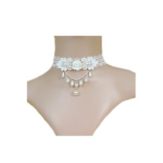 TANITTgems Vintage White Pearls French Lace Bridal Necklace