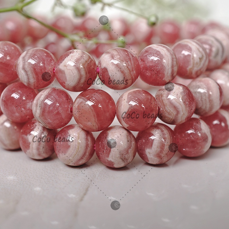 Rhodochrosite หินธรรมชาติ ลูกปัดพลอย สร้อยข้อมือผู้หญิง ลูกปัดกลม กําไลข้อมือ