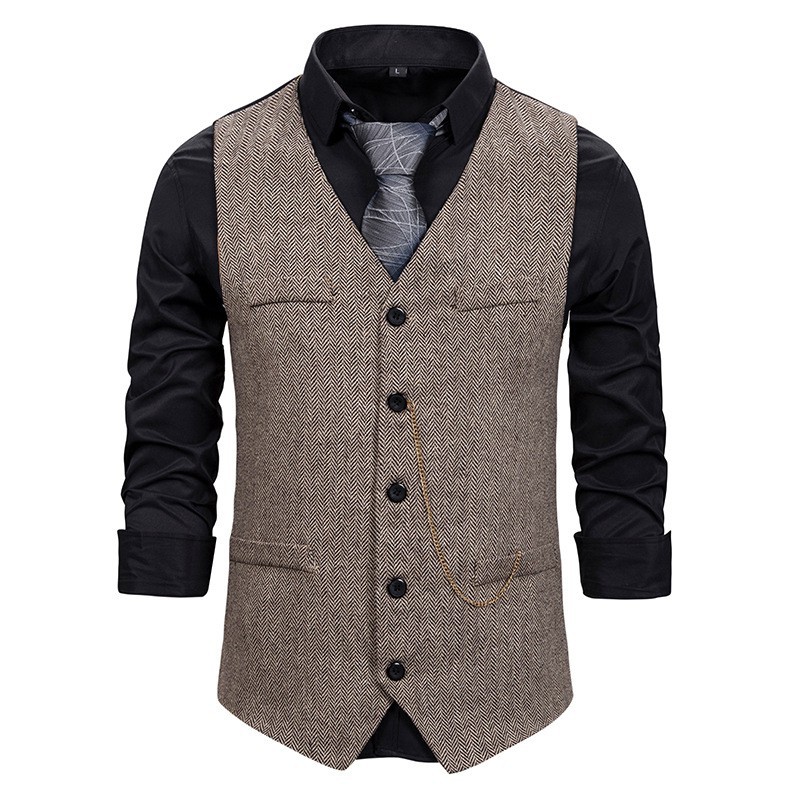 Mens Vests Gold Chain Decoration Single Breasted Men's Suit Vest Casual Wild V Neck Top Spring New Grey Black Brown
