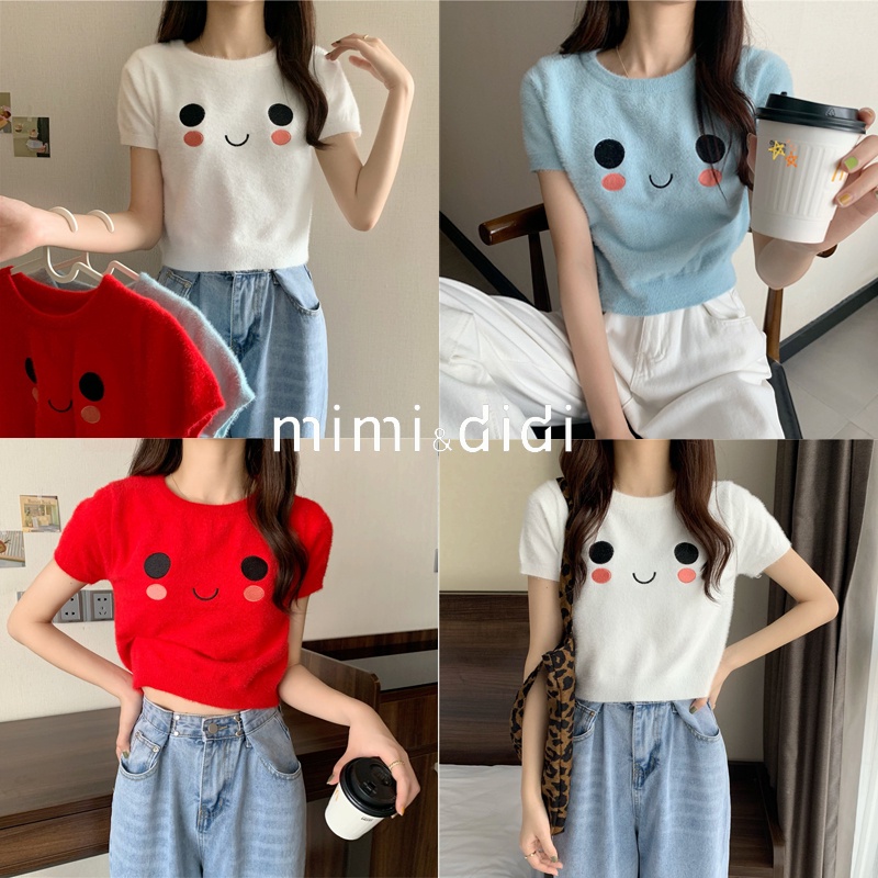 mimi&didi เสื้อครอปไหมพรมแขนสั้น สไตล์​เกาหลี​น่ารัก เสื้อยืด เสื้อสวมใส่สบาย ผ้าบางใส่สบายไม่อึดอัด 5317