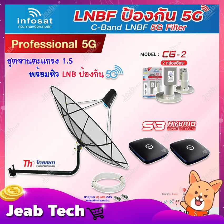 Thaisat C-Band 1.5M (ขางอ 120 cm.Infosat) + Infosat LNB C-Band 5G 2จุด รุ่น CG-2 + PSI S3 HYBRID 2 กล่อง + สายRG6 50 x2