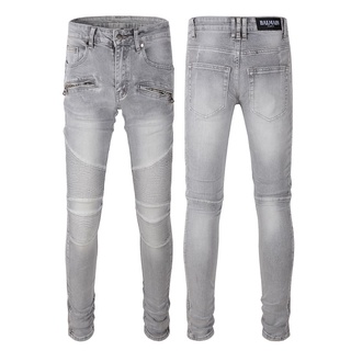 In Stock!  Balmain gray Jeans hip-hop high street stretch slim fit jeans men