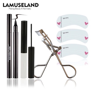 Lamuseland มาสคาร่า + อายไลเนอร์ + ที่ดัดขนตา + การ์ดเขียนคิ้วกันน้ํา #SAK101 4ชิ้น/ชุด