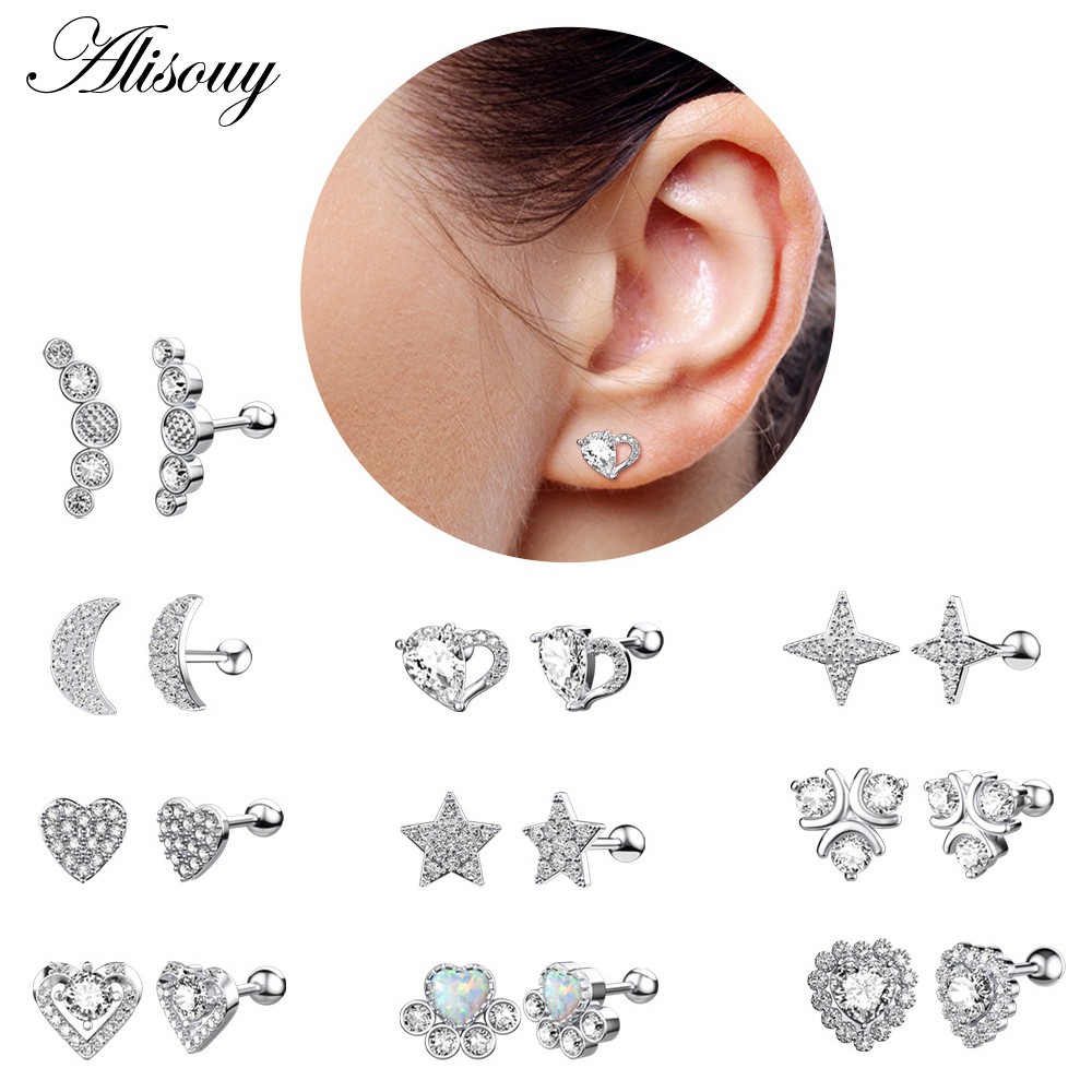 Alisouy อัญมณีหูต่างหู 2 ชิ้น CZ Zirconia และโอปอลแบบ Star Moon Heart Cross สแตนเลสสตีล เครื่องประดับสำหรับการเจาะหูทั้งผู้ชายและผู้หญิง