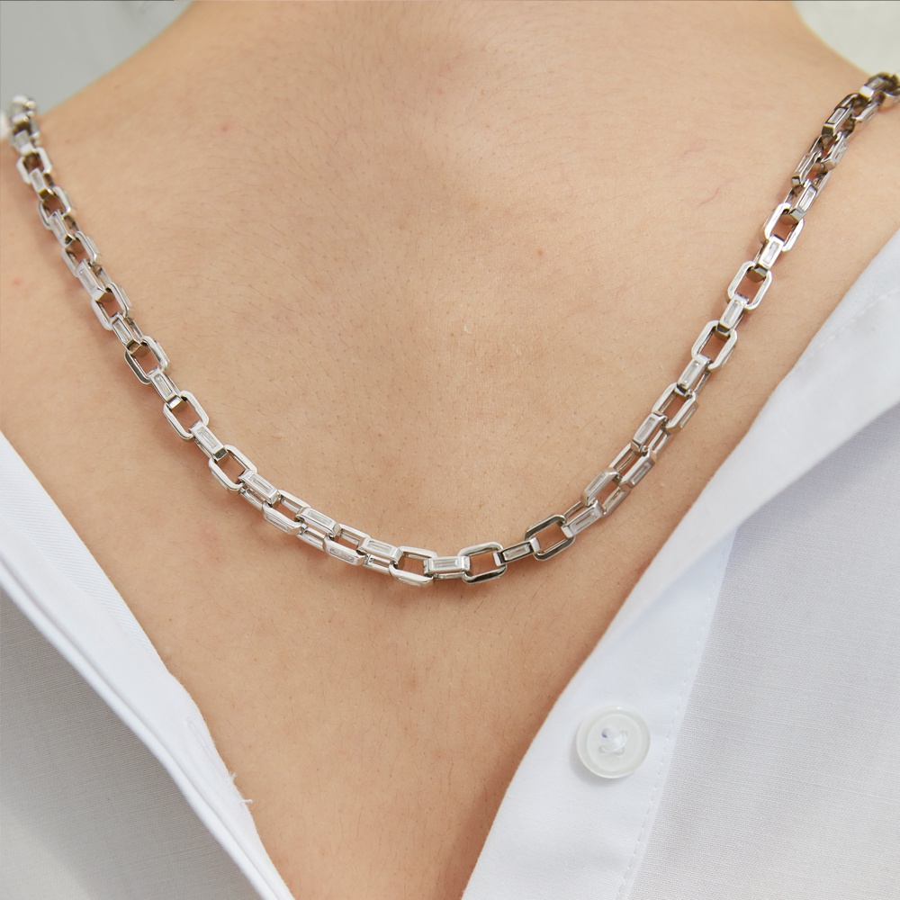 [ส่งด่วนฟรี]SWAN - Baguette Chain Link Necklace สร้อยคอโซ่เงินแท้ ฝังเพชรคิวบิกเซอร์โคเนีย