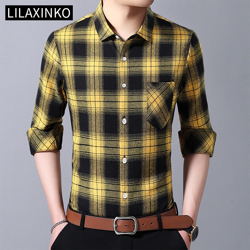 Color Plaid Shirt Mens Casual Business Long Sleeve Baju Kemeja Korean