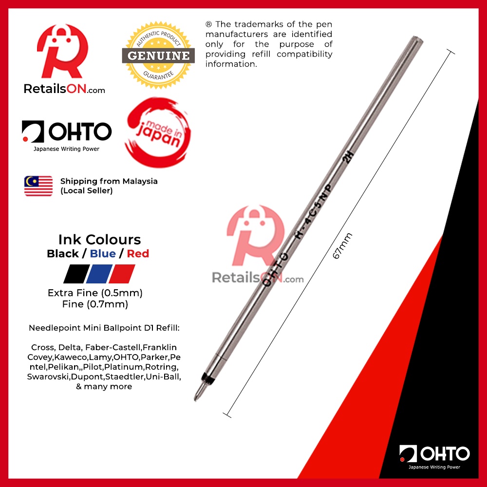 OTTO Refill D1 สําหรับ Mini/MultiFunction ปากกาลูกลื่น - EF/F | Standard D1 Mini Ballpoint Needlepoi