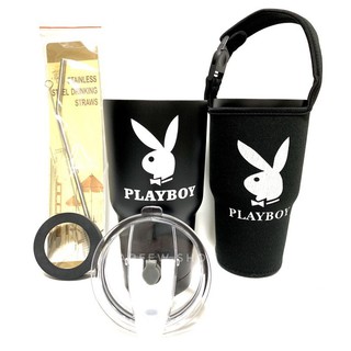 แก้วเก็บอุณหภูมิ ร้อน-เย็น แก้วเยติ ลาย Playboy สีดำ ฟรี!!.. หลอดสแตนเลส และยางรองแก้ว (คละสี)