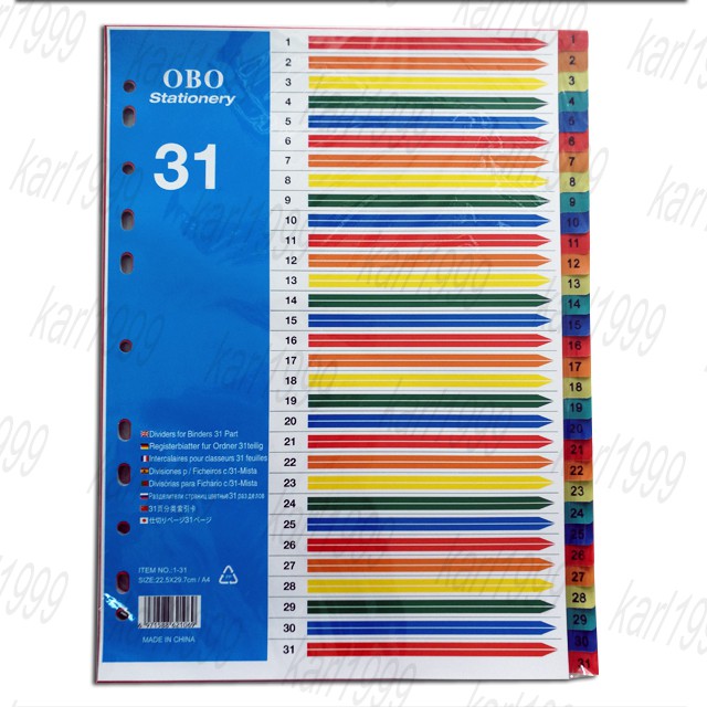 OBO A4 Index Divider No.1-31 (OBO A4 Size No.1-31 Index Divider)