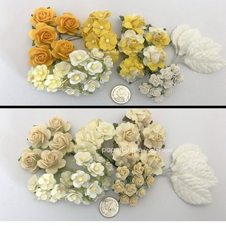 เซ็ทรวม 50 ดอก 5 ดีไซน์ ใบไมั ดอกไม้กระดาษสา งานประดิษฐ์ งานแต่ง Paper Flowers เลือกสีตามใจ (R19-โทนเหลืองครีม)