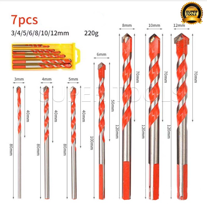 7pcs(3/4/5/6/8/10/12mm)ชุดดอกสว่านเจาะรู อเนกประสงค์ Alloy Triangle Overlord Drill