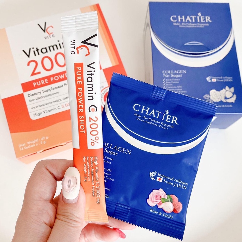 วิตามินซี VC Vit C Vitamin C 200% Pure Power Shot วิตซีเพียว 200% & CHATIER Premium Collagen ชาเทียร์ คอลลาเจน น้องฉัตร
