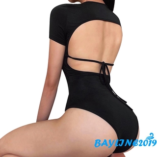 Bay - ชุดจัมพ์สูทสําหรับสตรีเซ็กซี่แขนสั้นคอก ลมสีด ํา One - Piece S / M / L