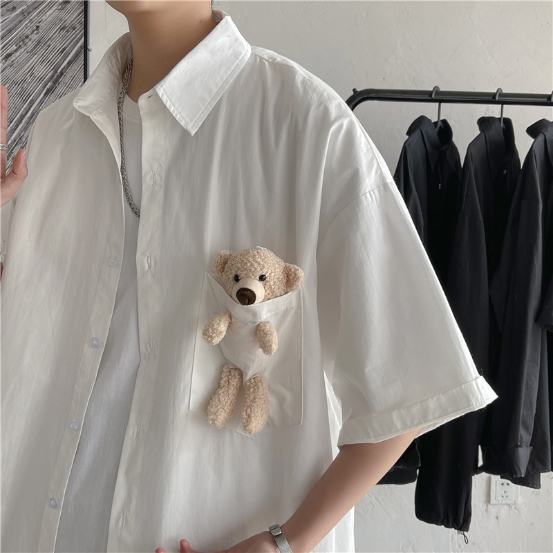TF1 เสื้อเชิ้ตครึ่งแขนเสื้อเชิ้ตสีขาวผู้ชายครึ่งแขนหมีอินเสื้อเชิ้ตเสื้อเชิ้ตแขนกลางนิ้ว