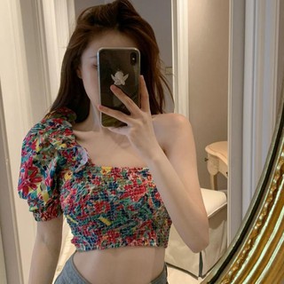 Fulllove เสื้อเบลาส์พิมพ์ลาย  มีระบาย เอวบางของผู้หญิง เสื้อท่อนล่างเกาะอก