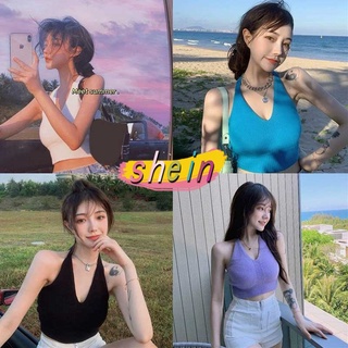 shein 362🔥พร้อมส่ง เสื้อสายเดี่ยวผูกคอ โชว์หลัง คอวี ผ้าไหมพรม สไตล์เกาหลี