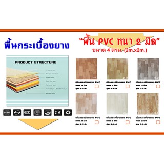 พื้นกระเบื้องยาง PVC ลายไม้ หนา 2 mm. ผืนขนาด 2x2 m. (4 ตรม.) ติดตั้งเองได้ง่าย ไม่ต้องใช้กาว มีลายให้เลือก 6 รุ่น