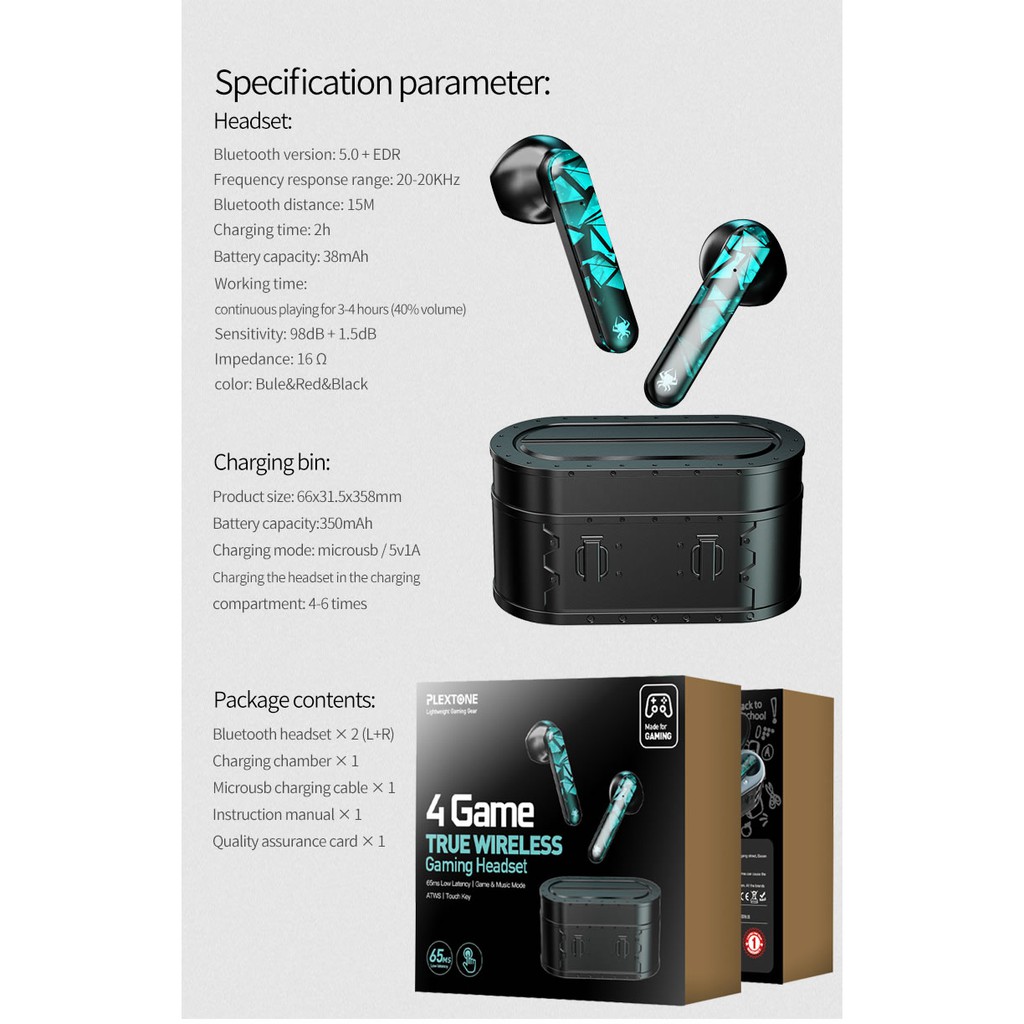 Plextone 4Game TWS Gaming Earphone True Wireless Stereo in-Ear Gaming Earbuds Bluetooth 5.1 65ms Ultra-Low Latency | Shopee Thailand
