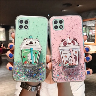 New Style เคสโทรศัพท์ Samsung Galaxy A22 5G 4G 2021 Case Cute Cartoon Bears Design Quicksand Bracket Phone Casing With Stand Holder For Mi Soft Clear Bling Glitter Back Cover เคส GalaxyA22