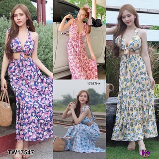 J17547 Set 2 ชิ้น เสื้อสายผูกไหล่ โบว์หน้า พิมลายดอก + กระโปรงยาว Shoulder tie, front bow tie, floral print + long skirt